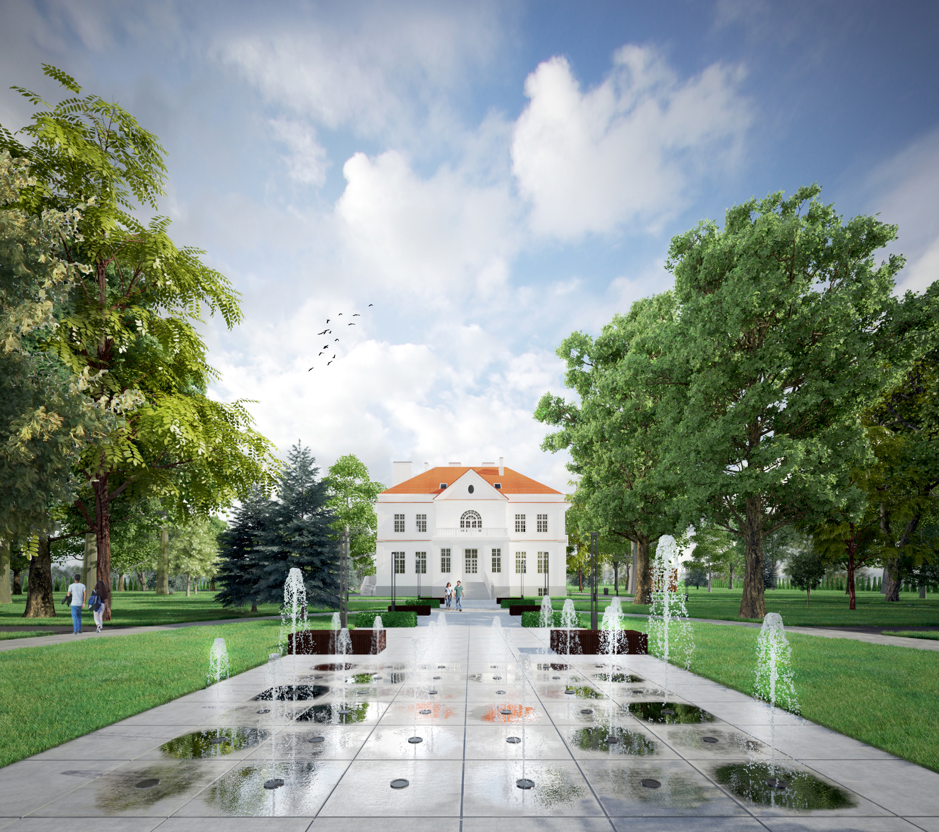 Pałac z fontanną i aleją